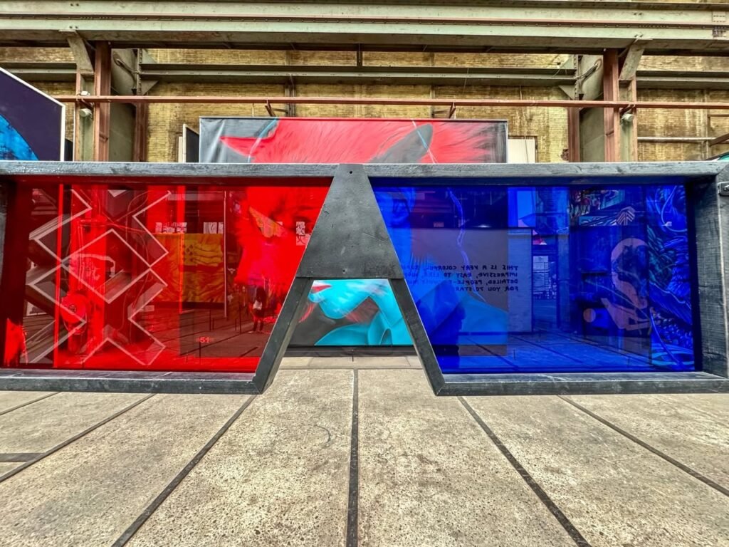 Colorful geometric art installation featuring red and blue glass panels inside a rustic building.