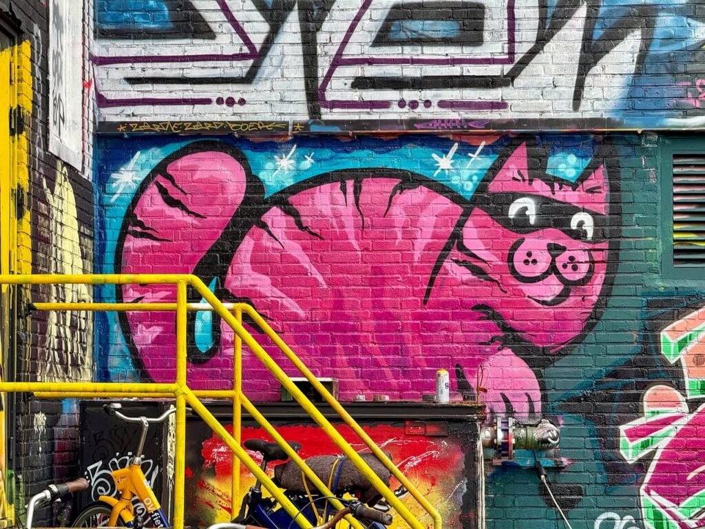 Colorful street art featuring a large pink cat mural on a brick wall, with yellow stairs in the foreground.