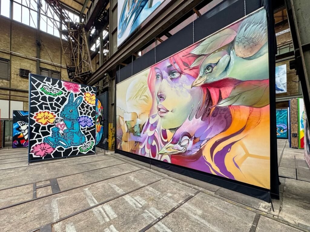 Large colorful art panels displayed on stone flooring inside a warehouse with high ceilings.