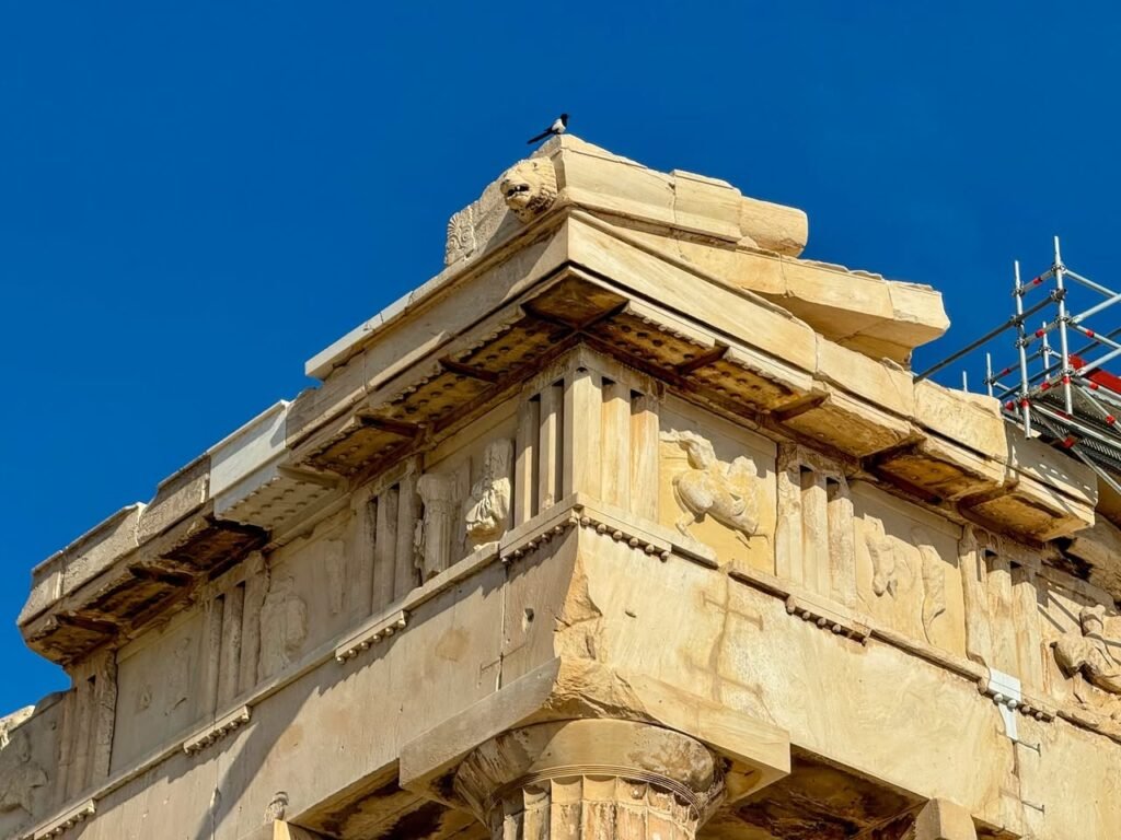 The corner of a classical Greek temple with detailed stonework against a clear blue sky. Scaffolding is visible on one side indicating restoration work.