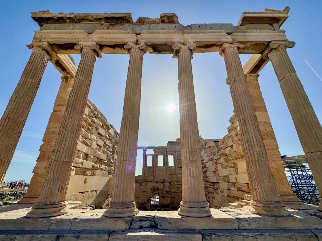 A stunning photo of the ancient Parthenon in Athens showcasing its iconic marble columns.