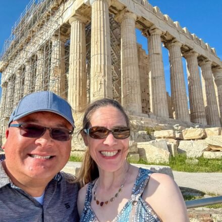 A couple takes a selfie at the historic Parthenon in Athens, Greece.