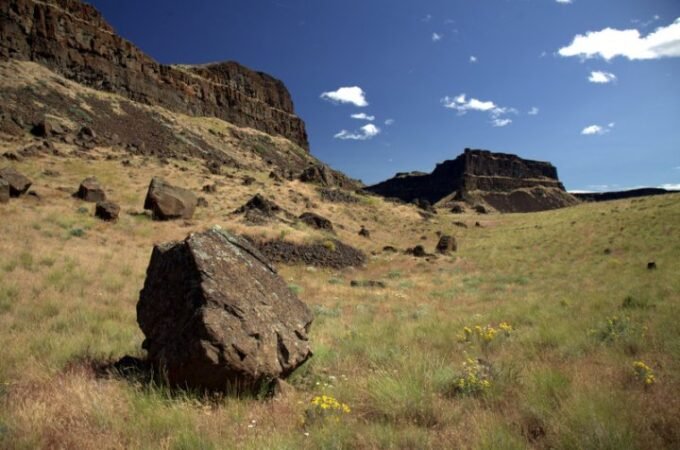 Wide view of a grassy area with scattered boulders, hills, and a clear blue sky.
