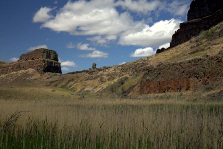 A panoramic view of a desert landscape featuring rocky formations, dry grasses, and a partly cloudy blue sky.