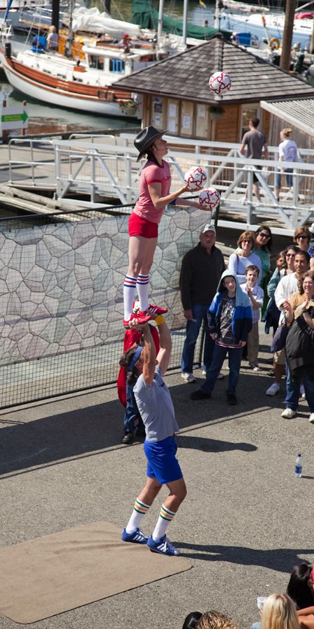 Gymnastic duo at a lakeside performance in Pacific Northwest
