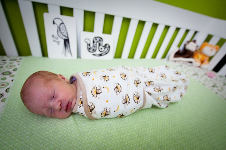 A baby sleeps in a crib with animal-themed decorations and green bedding.