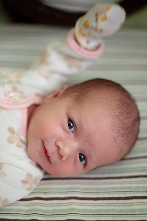 A close-up portrait of a newborn baby lying on a sheet with light green and white stripes.
