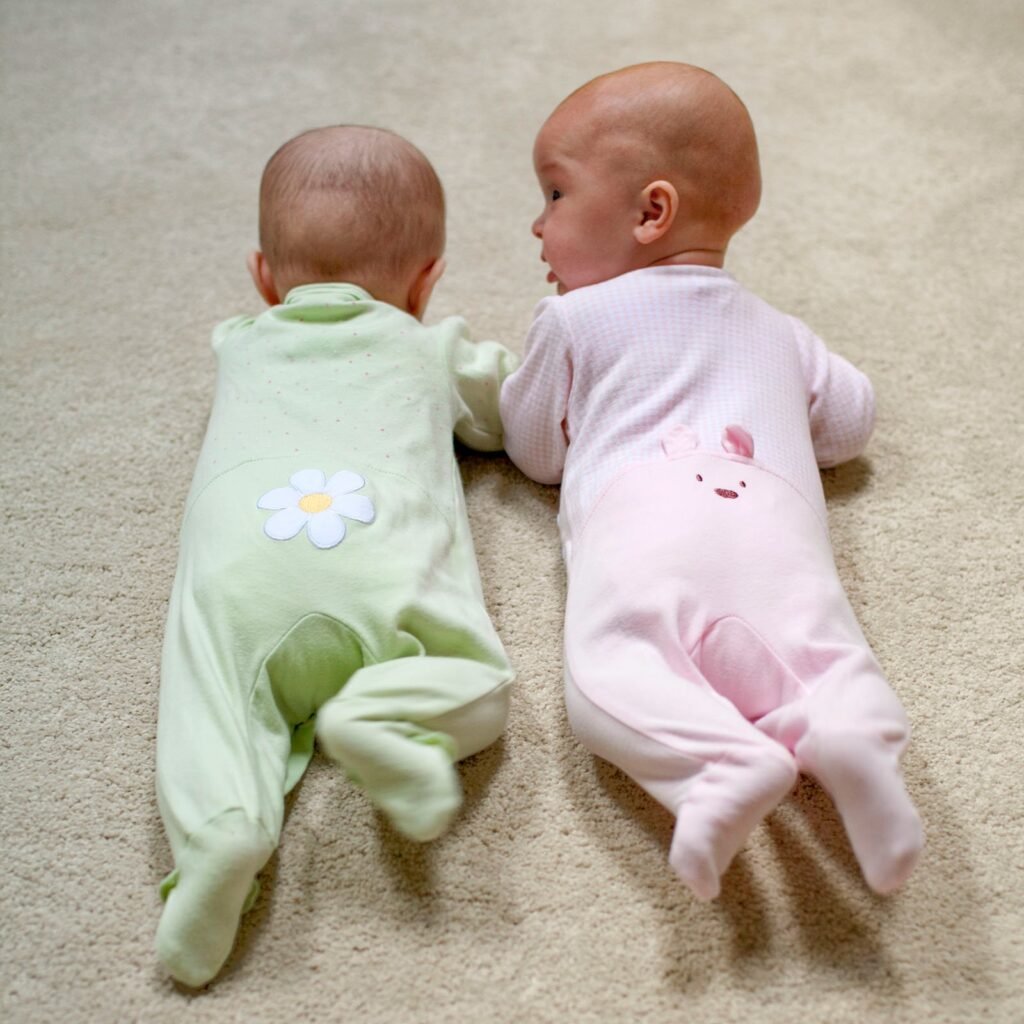 Two babies in green and pink onesies lie tummy time on a beige carpet, showcasing cute matching outfits.
