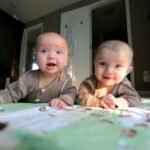 Two babies playing on a patterned blanket in a cozy living room with a TV nearby.