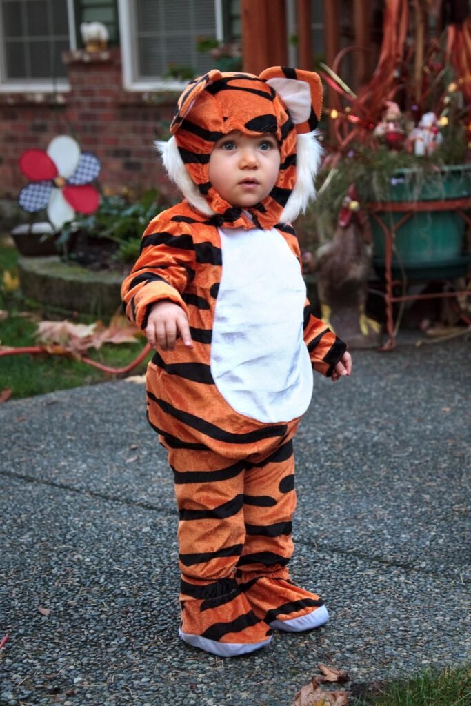 A young child stands on a gravel path wearing a colorful orange and black tiger costume.