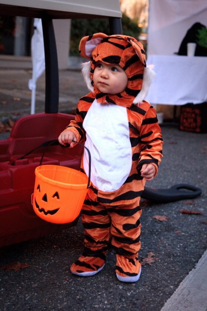 A toddler dressed in a fluffy tiger costume holding an orange jack-o-lantern bucket during a Halloween outing.