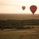 Hot air balloons floating over a vast landscape during a hot air balloon safari.