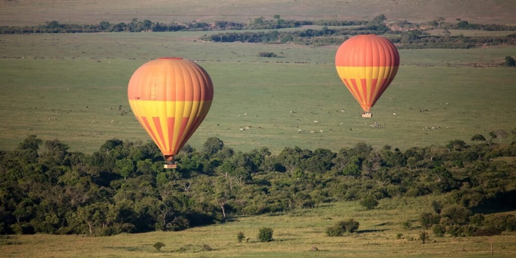 Colorful hot air balloons floating above a lush African savanna and scattered trees.