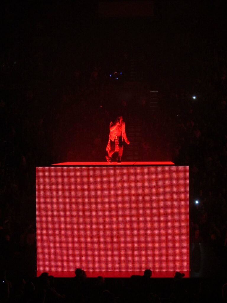 A performer stands atop a large red-lit structure at a dark concert venue.