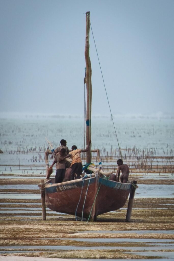 A wooden boat rests on a sandy shore with people nearby under a clear sky.