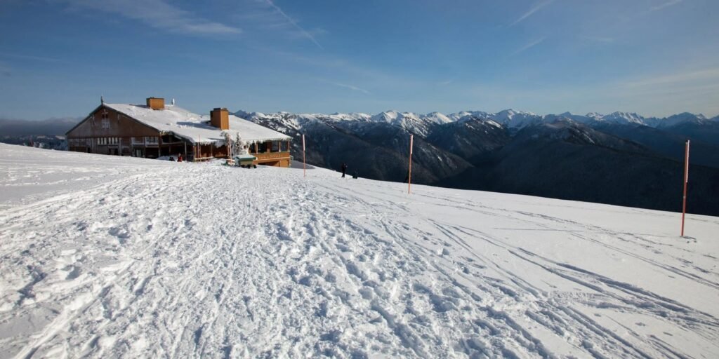 A alpine lodge on a snowy slope with cabin-style architecture and overlapping views.