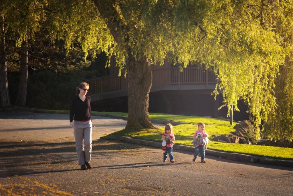A family walks on a paved path beneath a large willow tree with leaves glowing golden. Two small children walk ahead of an adult on a sunny day.