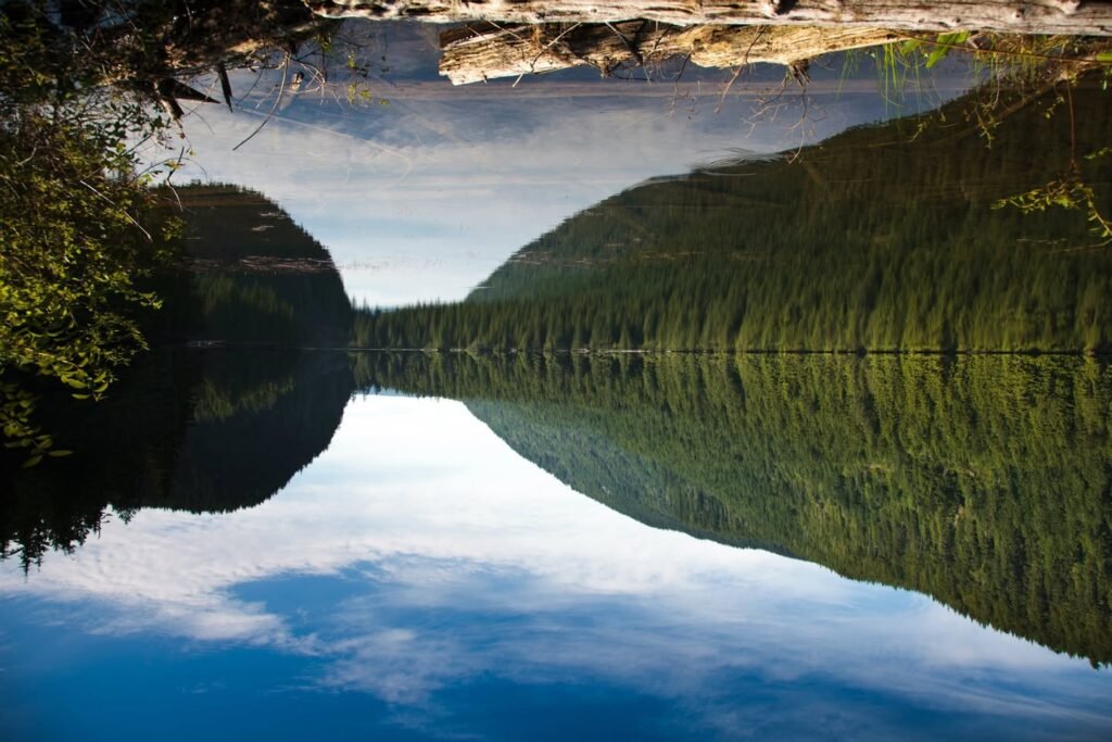 A calm lake reflecting forested mountains and a blue sky, creating a perfect mirror image in the Pacific Northwest.