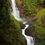 A beautiful waterfall cascading down lush, moss-covered rocks in a dense forest setting, capturing the serene beauty of the Pacific Northwest.