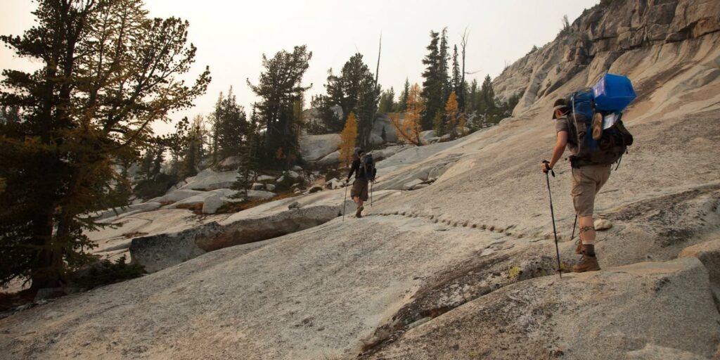 A hiker with a blue backpack and trekking pole ascends a rugged, rocky mountain path surrounded by evergreen trees, with another hiker visible further along the trail.