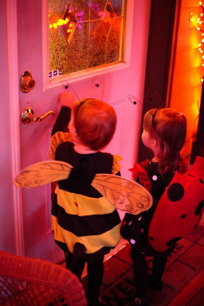 Two children dressed in a bumblebee and a ladybug costume reach for a front door adorned with festive lights.
