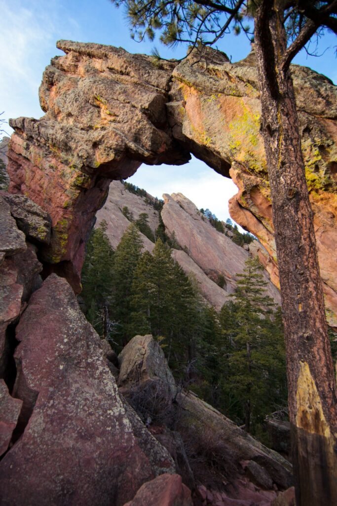 Natural rock arch and pine trees in a mountainous setting