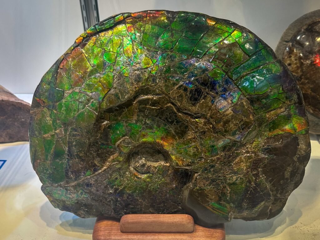 A piece of rainbow opal displayed on a mat, showing vibrant green and other colors from multiple angles.