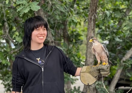 Falconry at The Broadmoor Kristie smiles while holding a falcon on her gloved hand, surrounded by green trees in a natural outdoor setting.