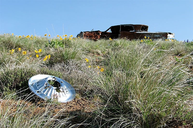 An abandoned vintage car sits atop a grassy hill dotted with yellow flowers and a discarded hubcap.