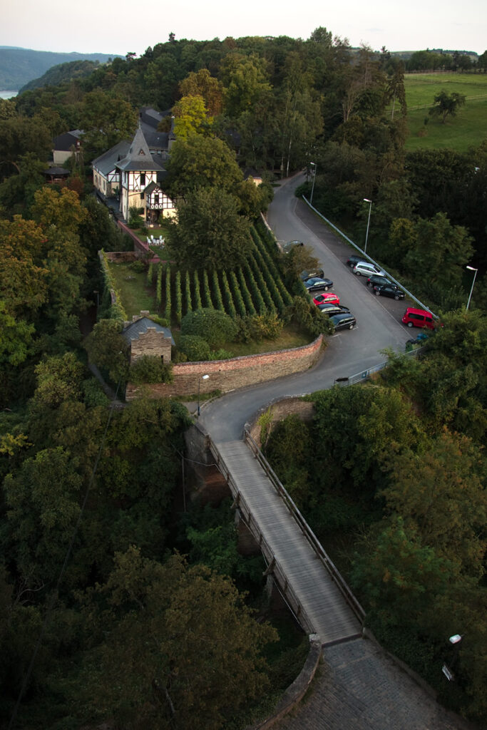 An aerial shot showing a house surrounded by trees with a curved road and parked cars nearby.