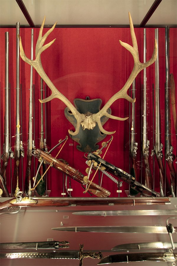 A display featuring antlers mounted above a collection of swords, spears, and historical weapons against a red backdrop.