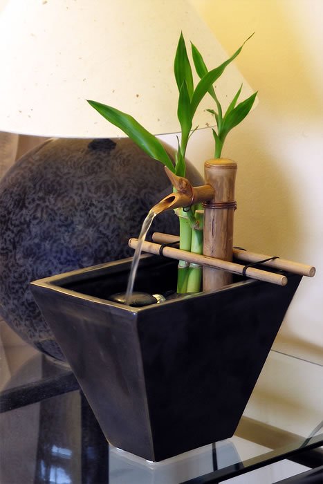 A black planter featuring a bamboo fountain setup with water flowing through the bamboo tubes.