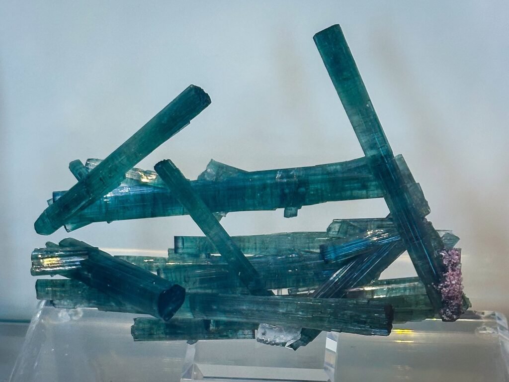 A cluster of striking blue-green mineral crystals, likely tourmaline or apatite, displayed on a stand.