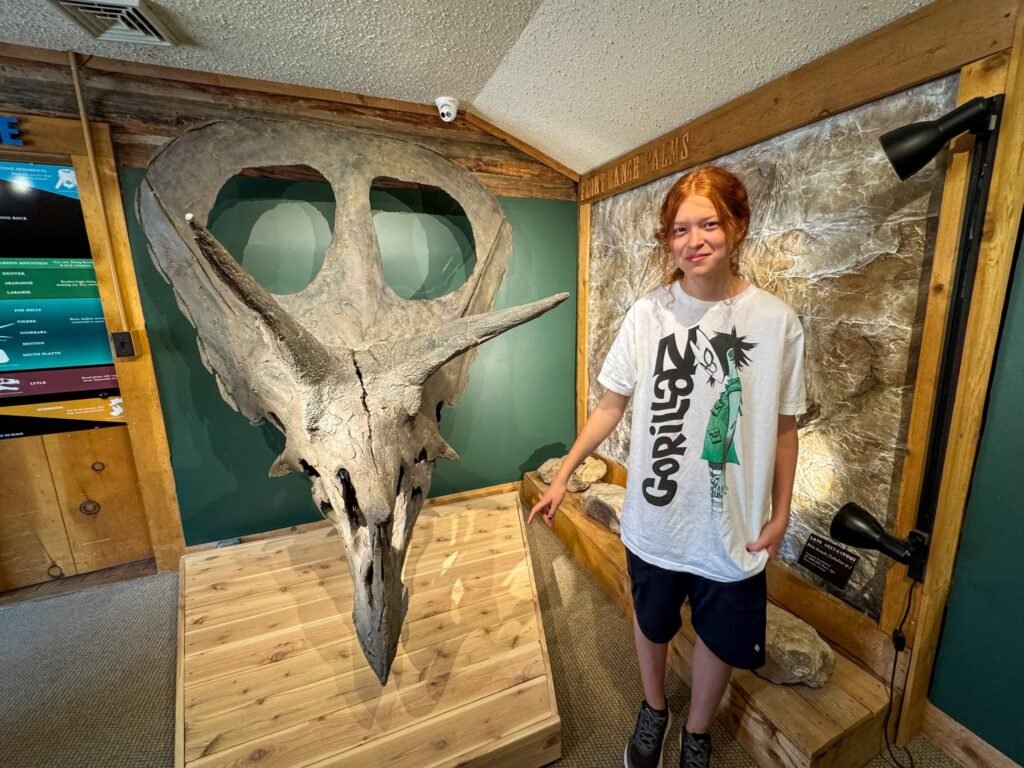 A young boy with red hair stands beside a large dinosaur skull exhibit in a museum setting. The skull is mounted on a wooden platform, and the boy is smiling at the camera.