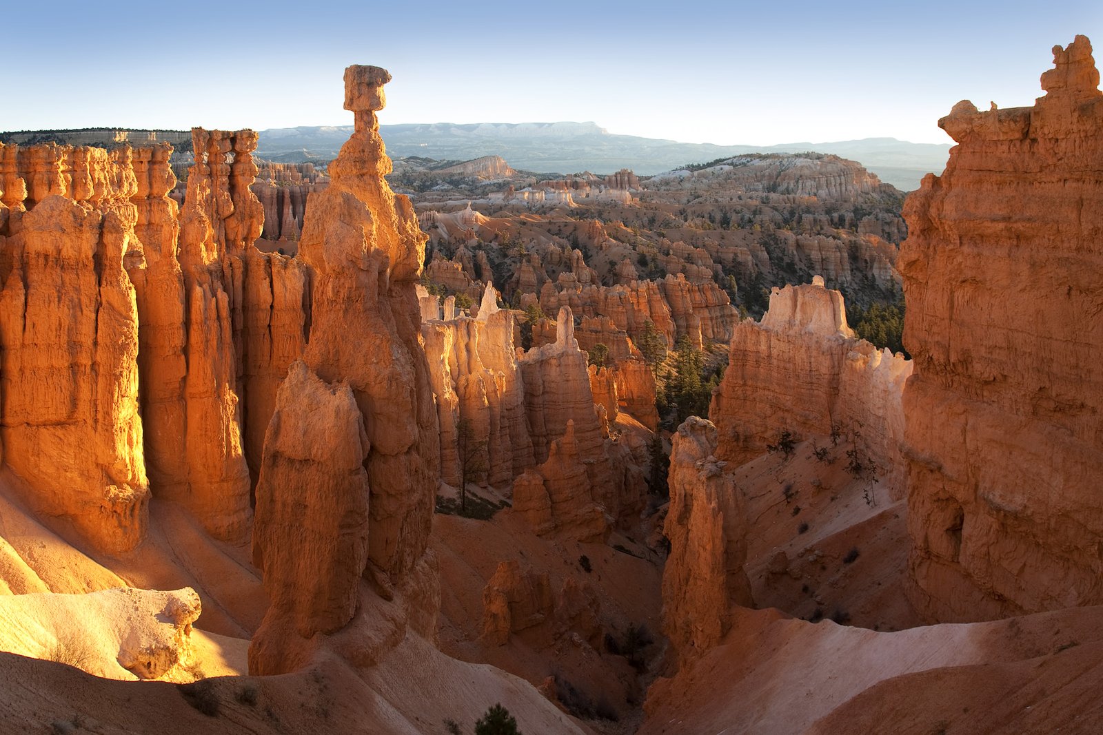 Bryce Canyon Stunning view of Bryce Canyon's unique rock formations under a clear sky.