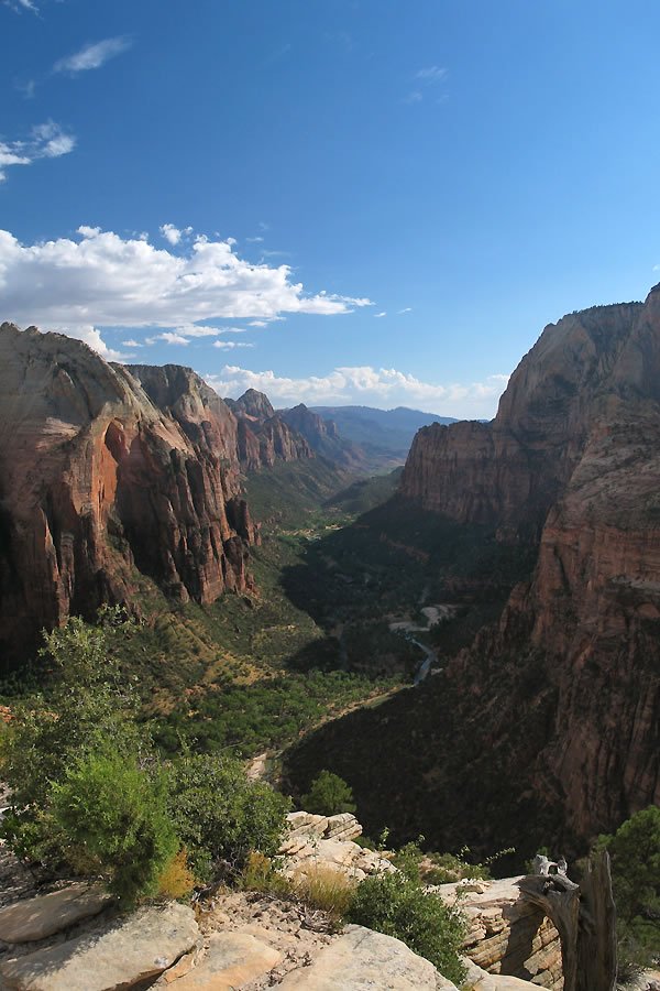 A stunning canyon landscape with towering cliffs and a clear blue sky dotted with fluffy clouds.