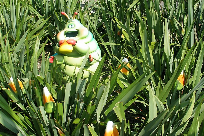 A playful, cartoonish caterpillar figurine nestled among lush green tropical plants with vibrant orange flower buds.