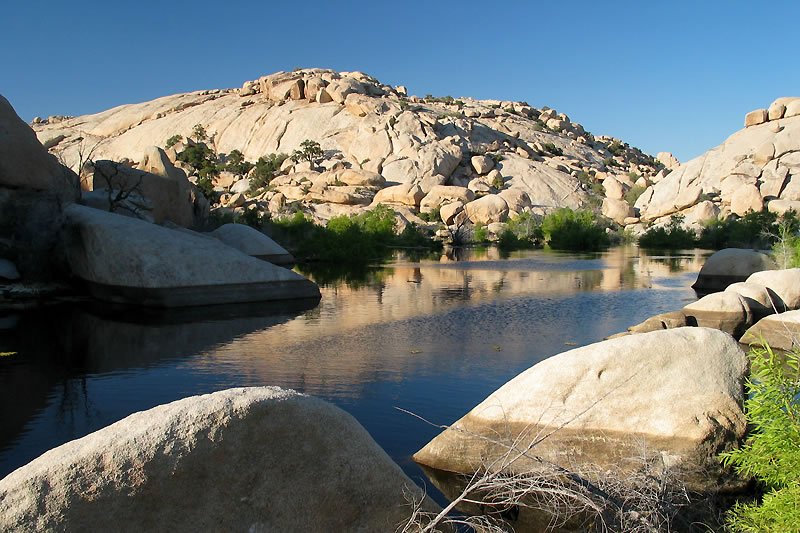 A serene desert riverbed surrounded by large, weathered rock formations and patches of lush green vegetation. The clear water reflects the blue sky above, creating a peaceful oasis in the arid landscape.