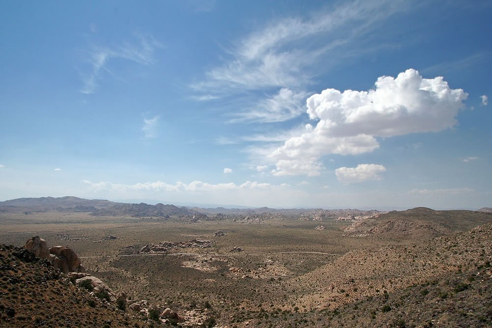 A sweeping view of a desert landscape with sparse vegetation and distant mountains under a blue sky with scattered clouds.