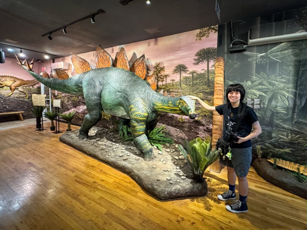 A person stands next to a large dinosaur model in a museum exhibit.
