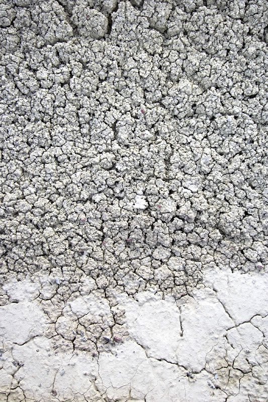A close-up of dry, cracked earth and stones with a monochromatic color scheme.