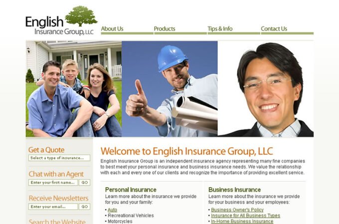 Screenshot of the English Insurance Group website homepage featuring a family, a construction worker, and an agent. The page offers insurance quotes and information.