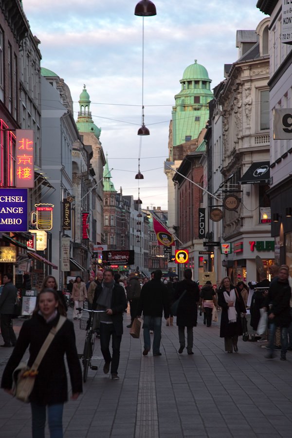 A bustling pedestrian street with historic buildings and green domes.