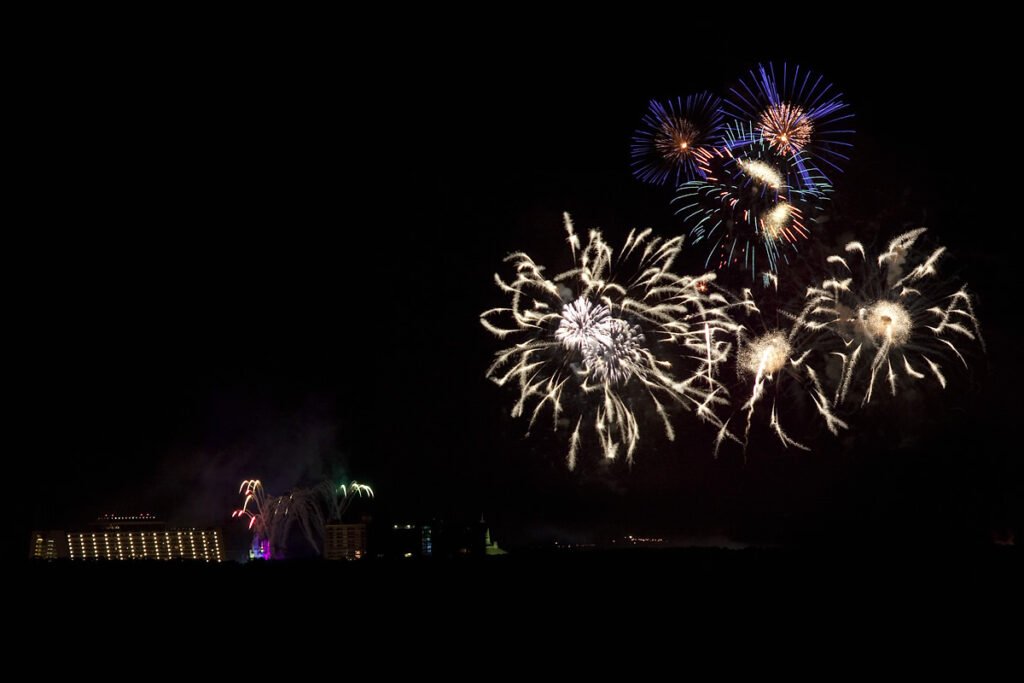 A vibrant fireworks display with bright sparks and colorful bursts illuminating the night sky.