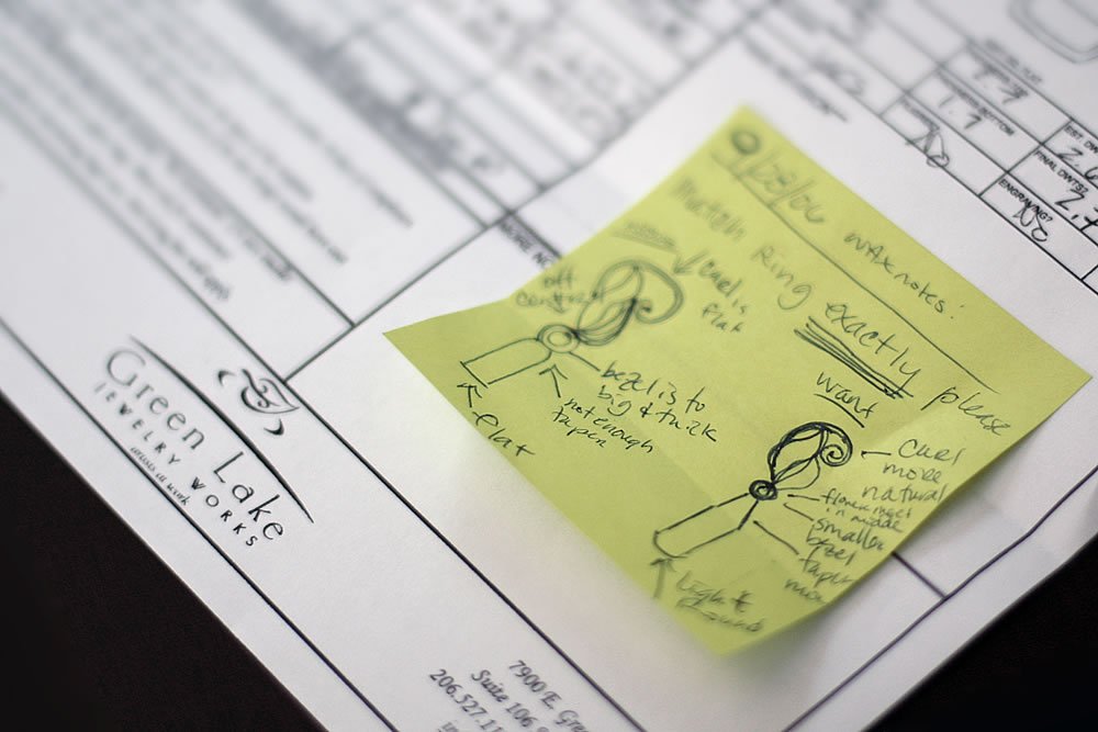 A yellow sticky note with handwritten notes and sketches is placed on a sheet of paper labeled Green Lake Jewelry Works.
