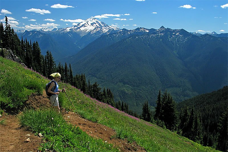 A hiker stands on a mountain trail with snow-capped peaks in the background.