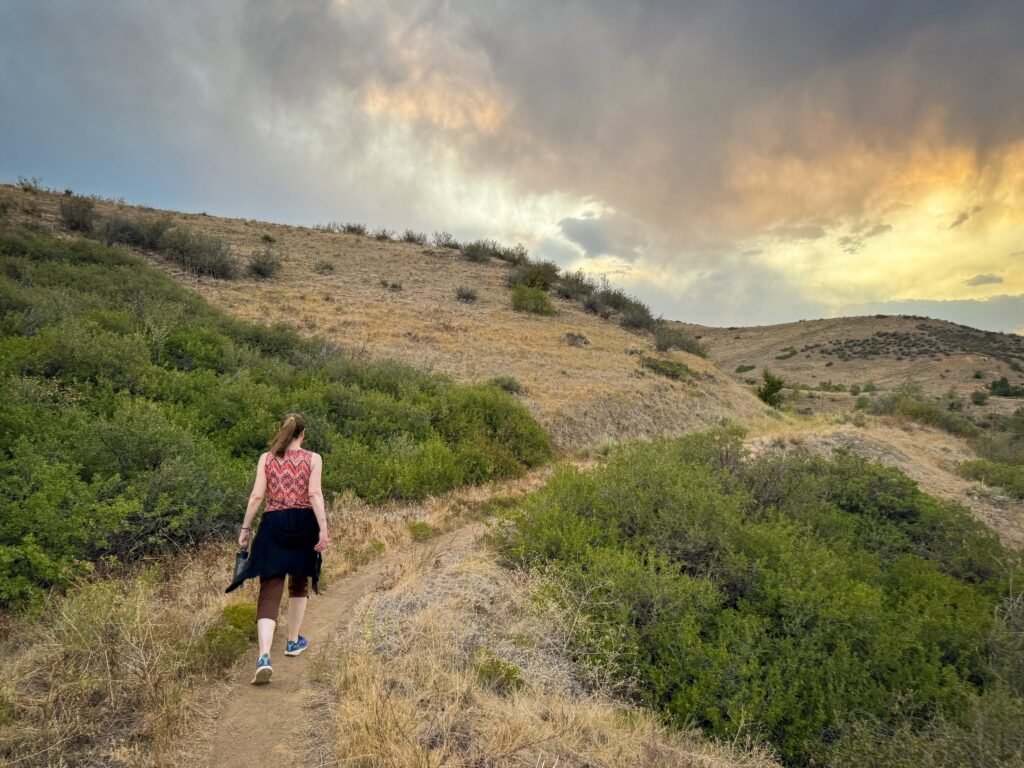 A person walking along a trail on a grassy hillside under a dramatic sky.