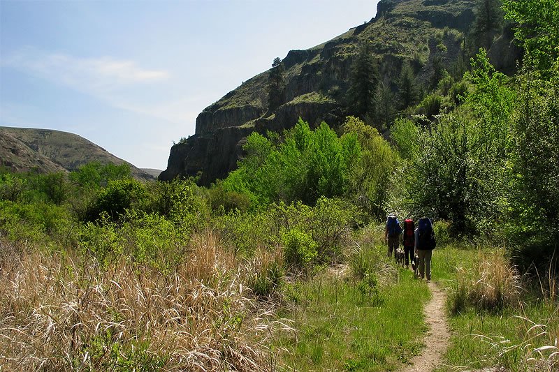 Two hikers trekking along a narrow dirt path surrounded by lush vegetation and rocky hillsides under a clear blue sky.