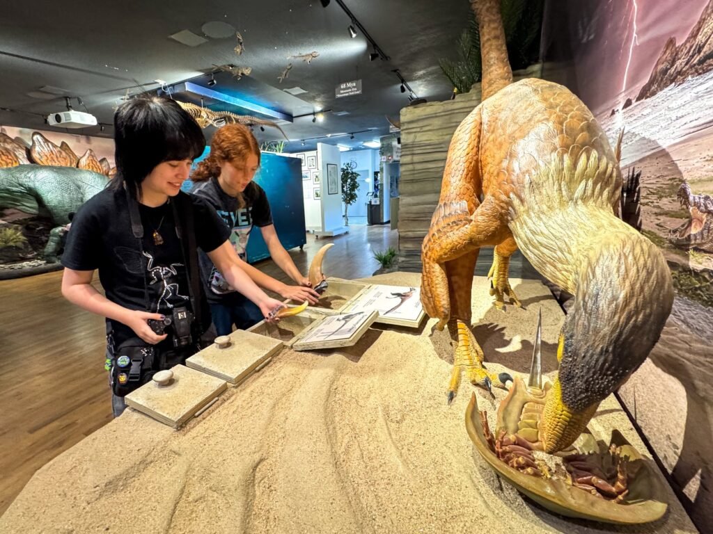 John and Kristie examine dinosaur models and exhibits in a museum setting
