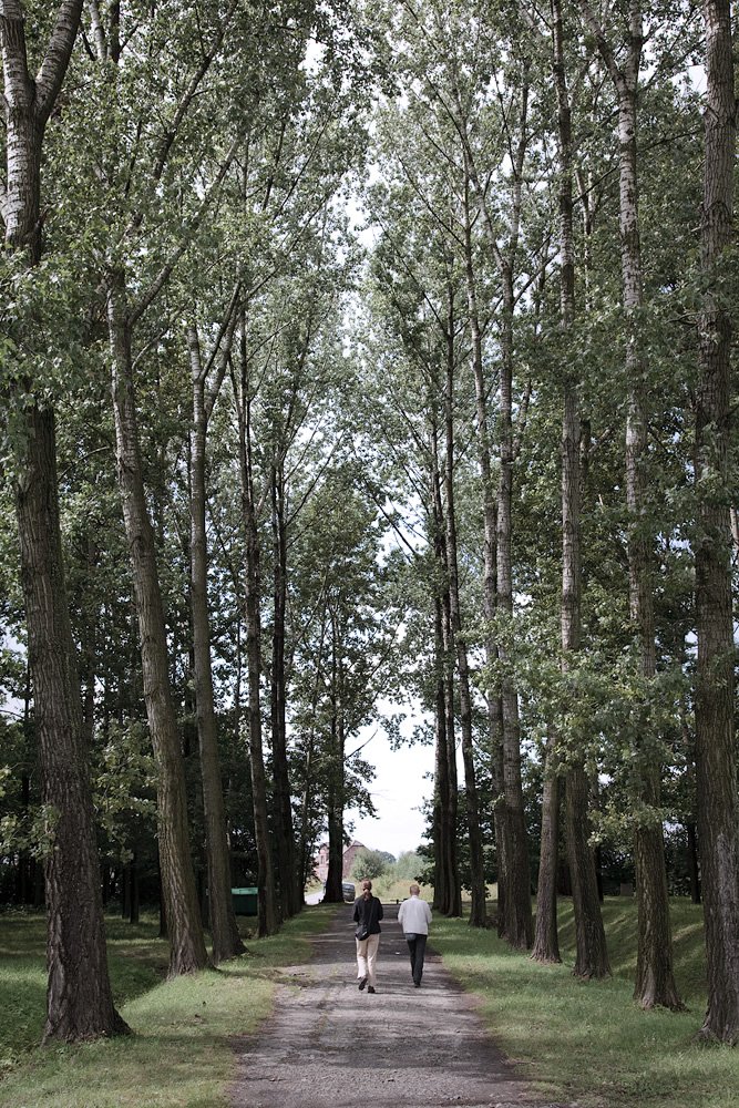 The couple strolls down a peaceful tree-lined path surrounded by lush greenery.
